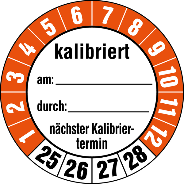 Prüfplakette, kalibriert nächster Kalibriertermin, Folie, Ø 35 mm - Bogen = 10 Plaketten