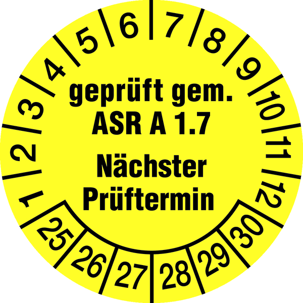 Prüfplakette, ASR A1.7 Nächster Prüftermin, gelb/schwarz, Folie, Ø 30 mm - Bogen = 10 Plaketten