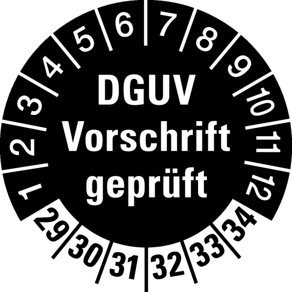 Prüfplakette, DGUV Vorschrift geprüft, schwarz/weiß, Ø 30 mm - Bogen = 10 Plaketten