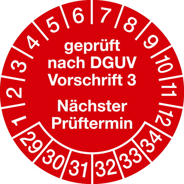 Prüfplakette, DGUV Vorschrift 3 Nächster Prüftermin, rot/weiß, Folie, Ø 30mm - Bogen = 10 Plaketten