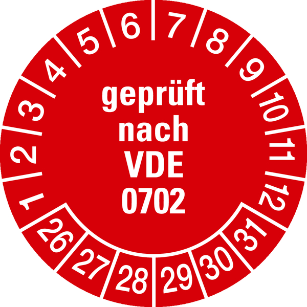 Prüfplakette, geprüft nach VDE 0702, rot/weiß, Ø 30 mm - Bogen = 10 Plaketten