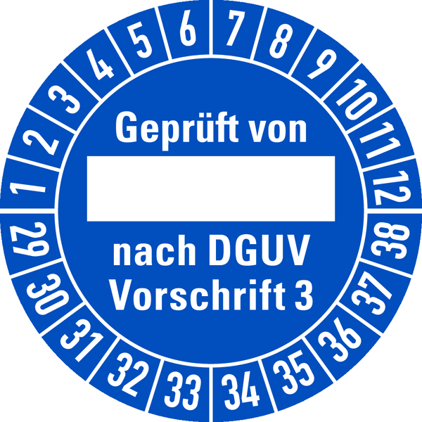 Prüfplakette, Geprüft von _____ nach DGUV Vorschrift 3, blau/weiß, Ø 30mm - Bogen = 10 Plaketten