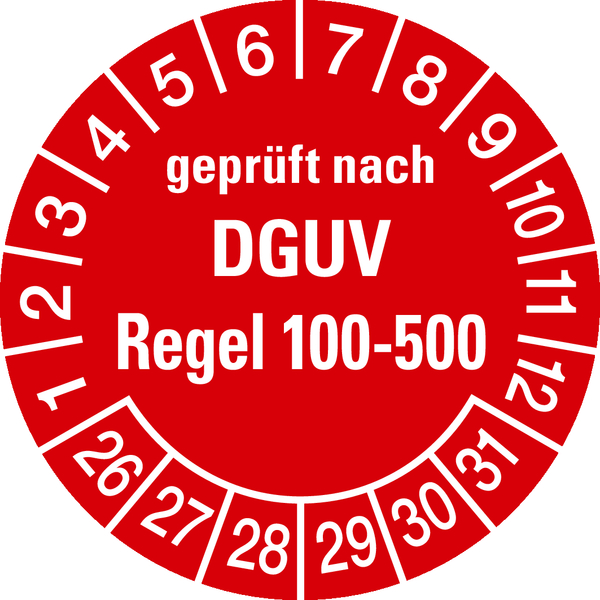 Prüfplakette, DGUV Regel 100-500, rot/weiß, Folie, Ø 30 mm - Bogen = 10 Plaketten