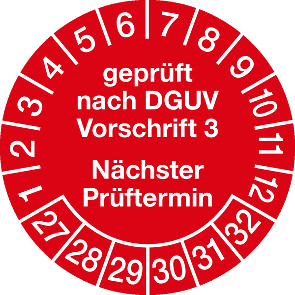 Prüfplakette, DGUV Vorschrift 3 Nächster Prüftermin, rot/weiß, Folie, Ø 30mm - Bogen = 10 Plaketten