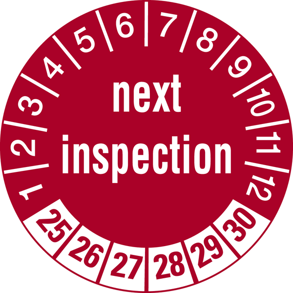 Prüfplakette, next inspection, rot/weiß, Folie, Ø 30 mm - Bogen = 10 Plaketten