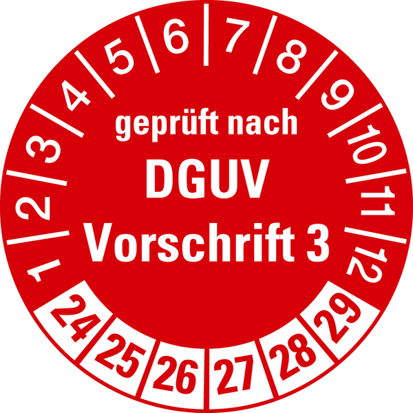 Prüfplakette, geprüft nach DGUV Vorschrift 3, rot/weiß, Ø 30 mm - Spenderbox à 500 Stück