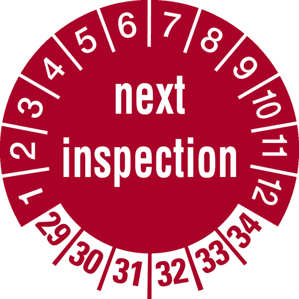 Prüfplakette, next inspection, rot/weiß, Folie, Ø 30 mm - Bogen = 10 Plaketten