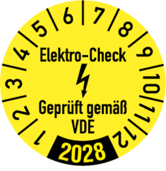 Jahresprüfplakette, Elektro-Check Geprüft gem. VDE, gelb/schwarz, Folie, Ø 30 mm - Bogen = 10 Stk.