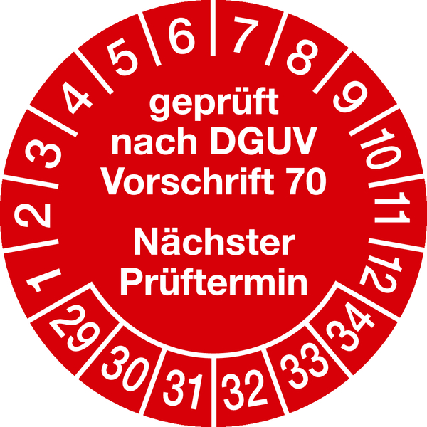 Prüfplaketten, DGUV Vorschrift 70 Nächster Prüftermin, rot/weiß, Folie, Ø 30 mm - Bogen = 10 Stk.