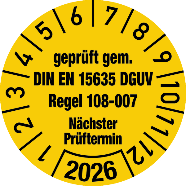 Jahresprüfplakette, geprüft gem. DIN EN 15635/DGUV Regel 108-007, Folie, Ø 30mm - Bogen = 10 Stk.