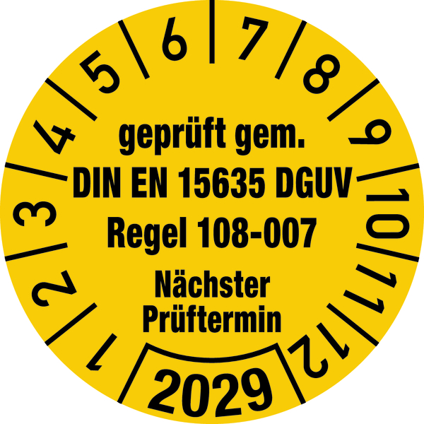 Jahresprüfplakette, geprüft gem. DIN EN 15635/DGUV Regel 108-007, Folie, Ø 30mm - Bogen = 10 Stk.