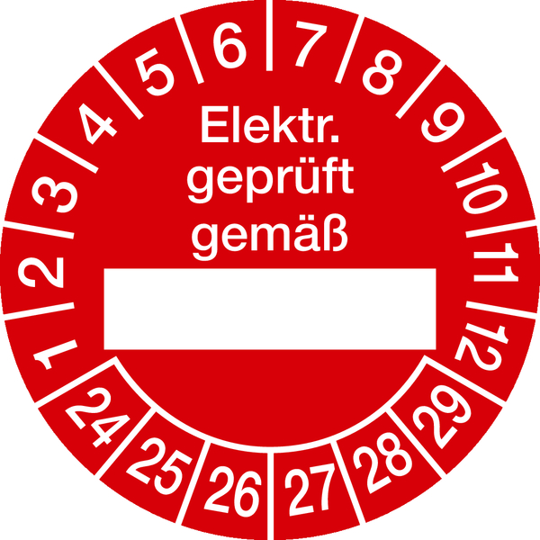 Prüfplakette, Elektr. geprüft gemäß (Freifeld), rot/weiß, Folie, Ø 30 mm - Bogen = 10 Plaketten