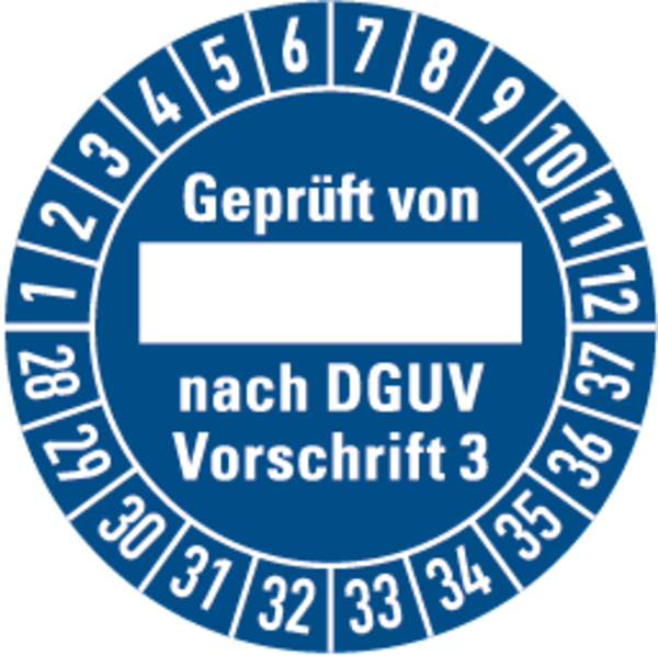 Prüfplakette, Geprüft von _____ nach DGUV Vorschrift 3, blau/weiß, Ø 30mm - Bogen = 10 Plaketten