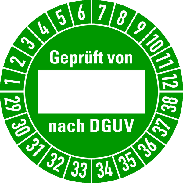 Prüfplakette, Geprüft von (Freifeld) nach DGUV, grün/weiß, Folie, Ø 30 mm - Bogen = 10 Plaketten