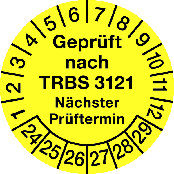 Prüfplakette, TRBS 3121 Nächster Prüftermin, Jahresfarben, Folie, Ø 30 mm - Bogen = 10 Plaketten