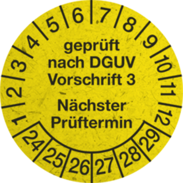 Prüfplakette, DGUV V3 Nächster Prüftermin, Graspapier, Jahresfarben, Ø 30 mm - Bogen = 10 Plaketten