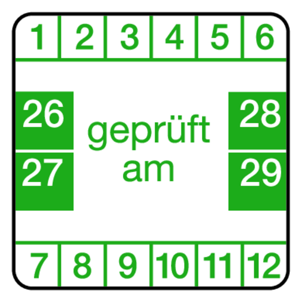 Prüfplakette, "geprüft am", grün/weiß, Folie, 30 x 30 mm - Bogen = 10 Plaketten