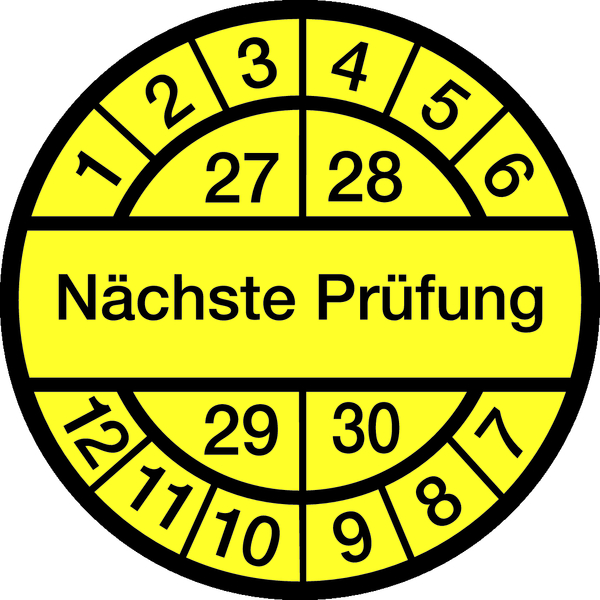 Prüfplakette, Nächste Prüfung, schwarz/gelb, Dokumentenfolie, Ø 12,5/30 mm - Bogen = 10 Plaketten