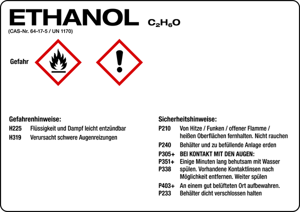 Gefahrstoffetikett, Ethanol, Folie, mit H- und P-Sätzen /GHS/CLP/GefStoffV