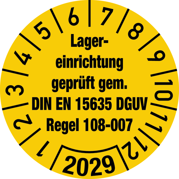 Jahresprüfplakette, Lagererinrichtung DIN EN 15635 DGUV Regel 108-007, Ø 30 mm - Bogen = 10 Stk.