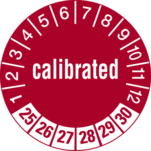 Prüfplakette, calibrated, rot/weiß, Folie, Ø 30 mm - Bogen = 10 Plaketten