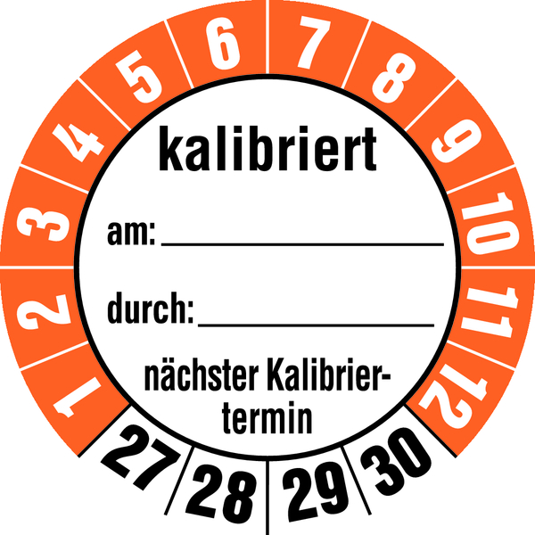 Prüfplakette, kalibriert nächster Kalibriertermin, Folie, Ø 35 mm - Bogen = 10 Plaketten