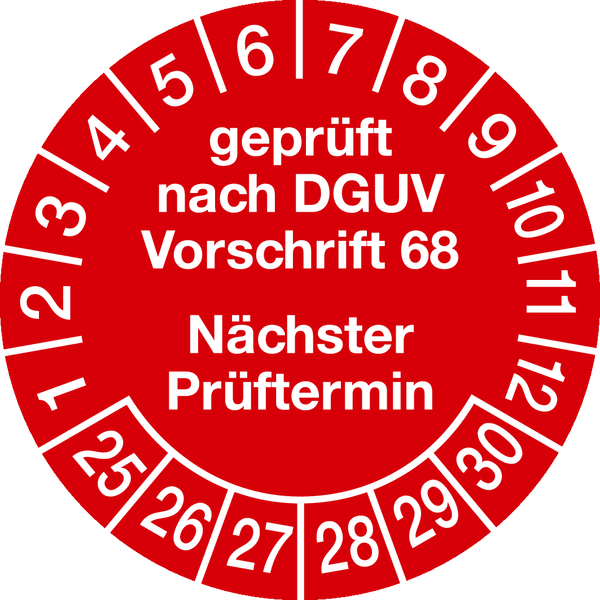 Prüfplakette, DGUV Vorschrift 68 Nächster Prüftermin, rot/weiß, Folie, Ø 30 mm - Bogen = 10 Stk.