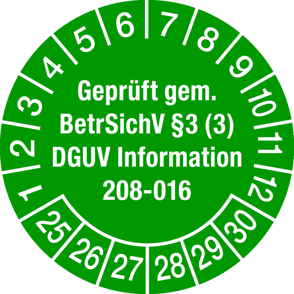 Prüfplakette, Geprüft gem. BetrSichV § 3 (3) DGUV Information 208-016 Ø 30mm - Bogen = 10 Plaketten