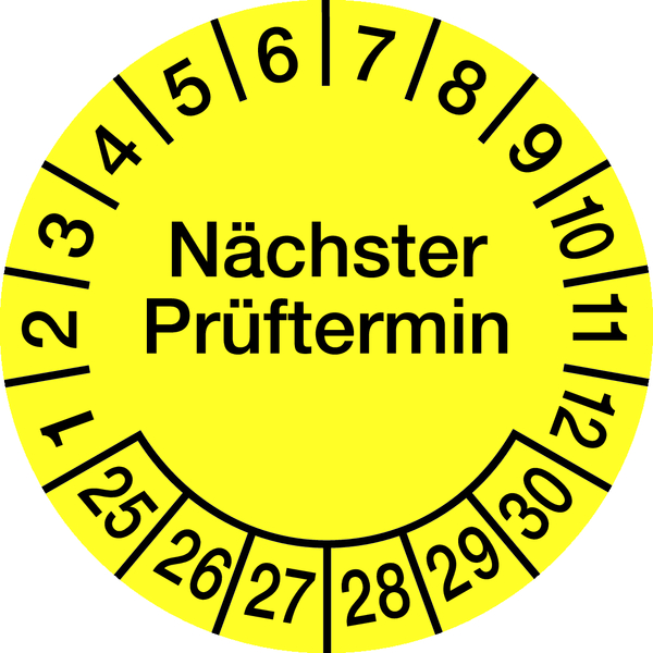 Prüfplakette, Nächster Prüftermin, Folie, gelb/schwarz, Ø 20 mm - Bogen = 10 Plaketten