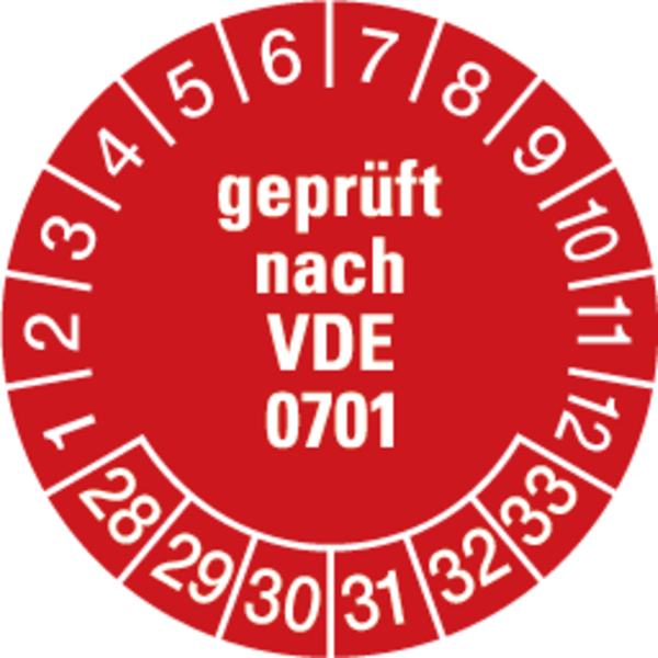 Prüfplakette, geprüft nach VDE 0701, rot/weiß, Ø 30 mm - Bogen = 10 Plaketten