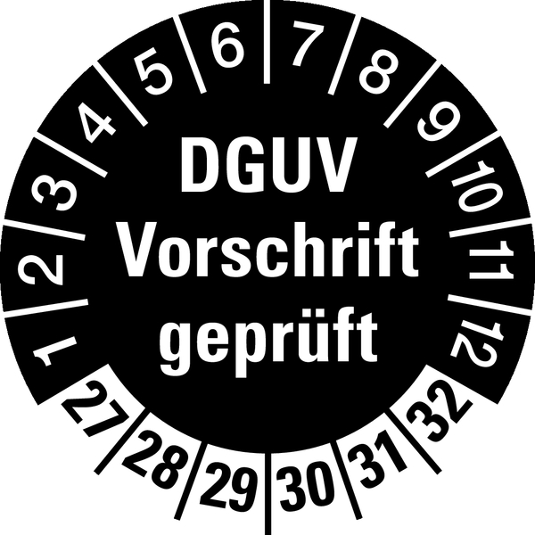 Prüfplakette, DGUV Vorschrift geprüft, schwarz/weiß, Ø 30 mm - Bogen = 10 Plaketten