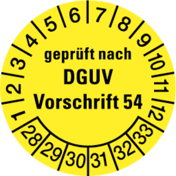 Prüfplakette, geprüft nach DGUV Vorschrift 54, gelb/schwarz, Folie, Ø 30mm - Bogen = 10 Plaketten