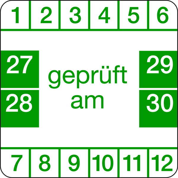 Prüfplakette, "geprüft am", grün/weiß, Folie, 30 x 30 mm - Bogen = 10 Plaketten