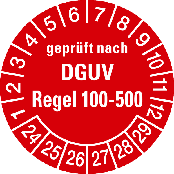 Prüfplakette, DGUV Regel 100-500, rot/weiß, Folie, Ø 30 mm - Bogen = 10 Plaketten