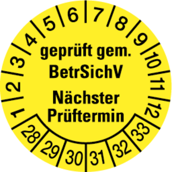 Prüfplakette, BetrSichV Nächster Prüftermin, gelb/schwarz, Folie, Ø 30 mm - Bogen = 10 Plaketten