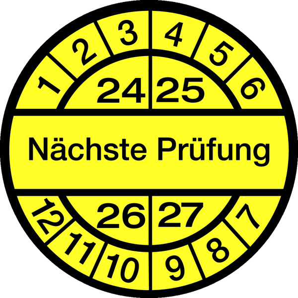 Prüfplakette, Nächste Prüfung, gelb/schwarz, Folie, Ø 30 mm - Spenderbox à 500 Stück
