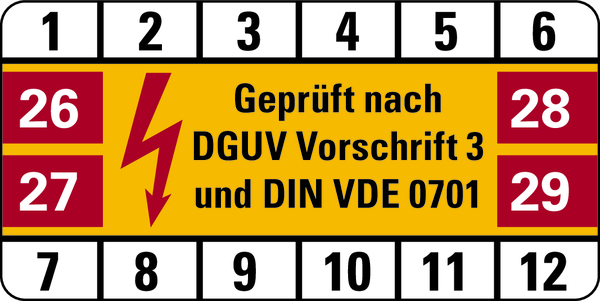 Prüfplakette, DGUV Vorschrift 3 & DIN VDE 0701, Folie, 25 x 50 mm - Bogen = 10 Plaketten