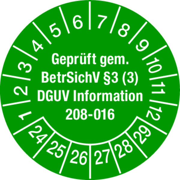 Prüfplakette, Geprüft gem. BetrSichV § 3 (3) DGUV Information 208-016 Ø 30mm - Bogen = 10 Plaketten