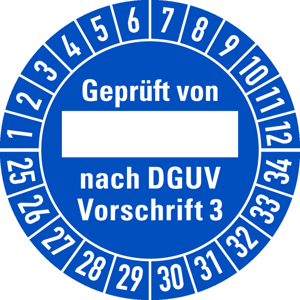 Prüfplakette, Geprüft von _____ nach DGUV Vorschrift 3, blau/weiß, Ø 30mm - Bogen = 10 Plaketten