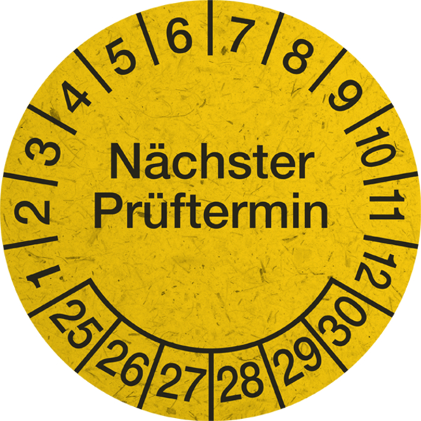 Prüfplakette, Nächster Prüftermin, Graspapier, gelb/schwarz, Ø 30 mm - Bogen = 10 Plaketten