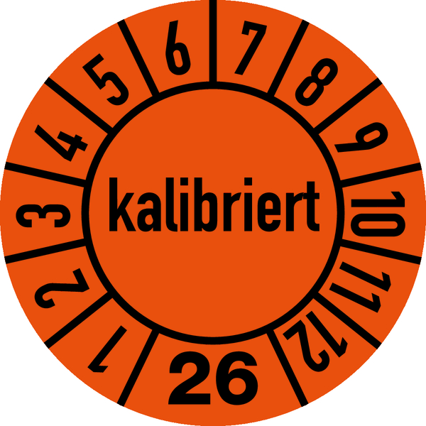 Jahresprüfplakette, kalibriert, orange/schwarz, Folie, Ø 10 mm - Bogen = 10 Plaketten