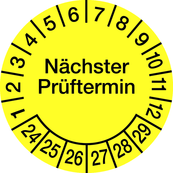 Prüfplakette, Nächster Prüftermin, Folie, Ø 30mm, gelb/schwarz - Spenderbox à 500 Stück