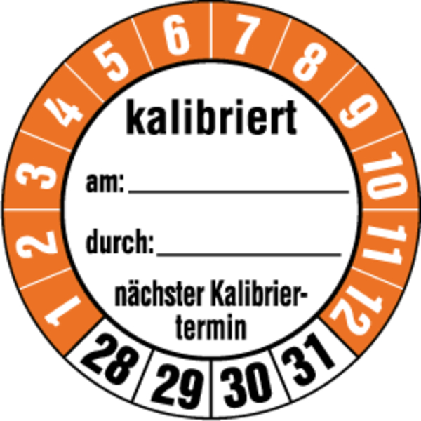 Prüfplakette, kalibriert nächster Kalibriertermin, Folie, Ø 35 mm - Bogen = 10 Plaketten