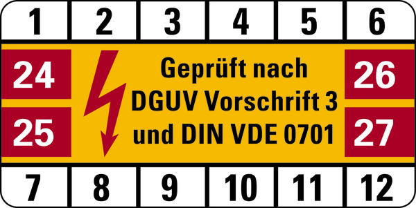 Prüfplakette, DGUV Vorschrift 3 & DIN VDE 0701, Folie, 25 x 50 mm - Bogen = 10 Plaketten