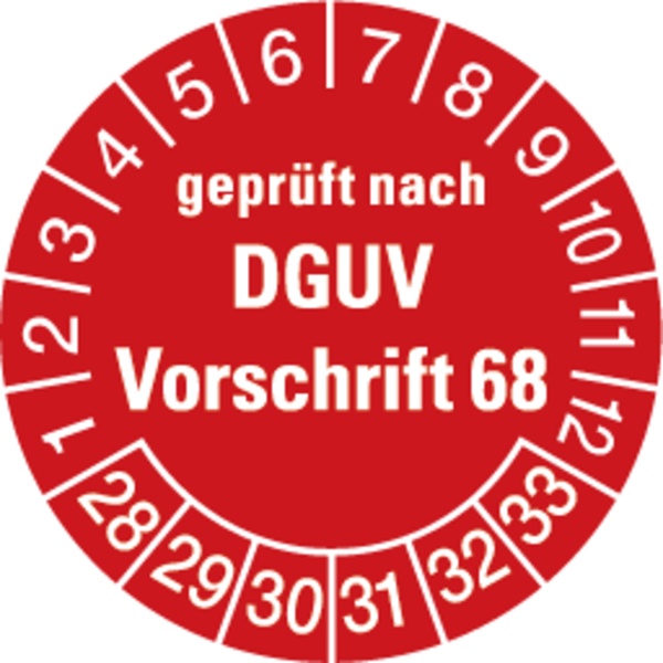 Prüfplaketten, geprüft nach DGUV Vorschrift 68, rot/weiß, Folie, Ø 30mm - Bogen = 10 Plaketten