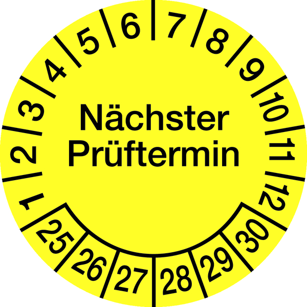 Prüfplakette, Nächster Prüftermin, Dokumentenfolie, gelb/schwarz, Ø 15 mm - Bogen = 10 Plaketten