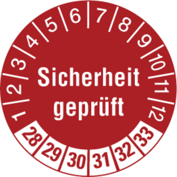 Prüfplakette, Sicherheit geprüft, Rot/Weiß, Folie, Ø 30 mm - Bogen = 10 Plaketten