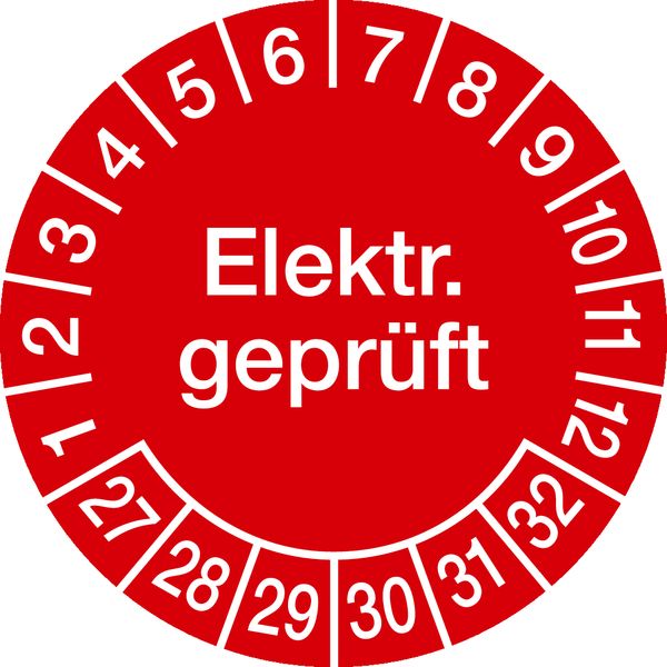 Prüfplakette, Elektr. geprüft, rot/weiß, Ø 30 mm, Folie - Bogen = 10 Plaketten