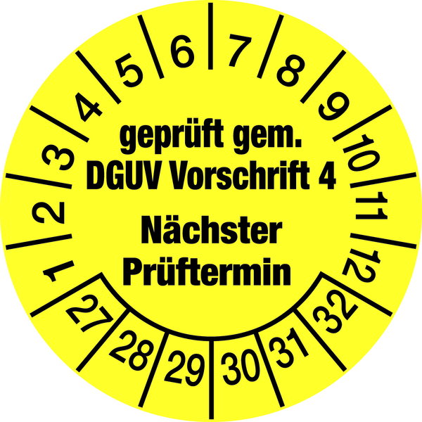 Prüfplakette, DGUV Vorschrift 4 Nächster Prüftermin, gelb/schwarz, Folie, Ø 30mm - Bogen = 10 Stk.