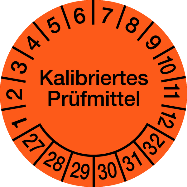 Prüfplakette, Kalibriertes Prüfmittel, Orange/Schwarz, Folie, Ø 30´mm - Bogen = 10 Plaketten